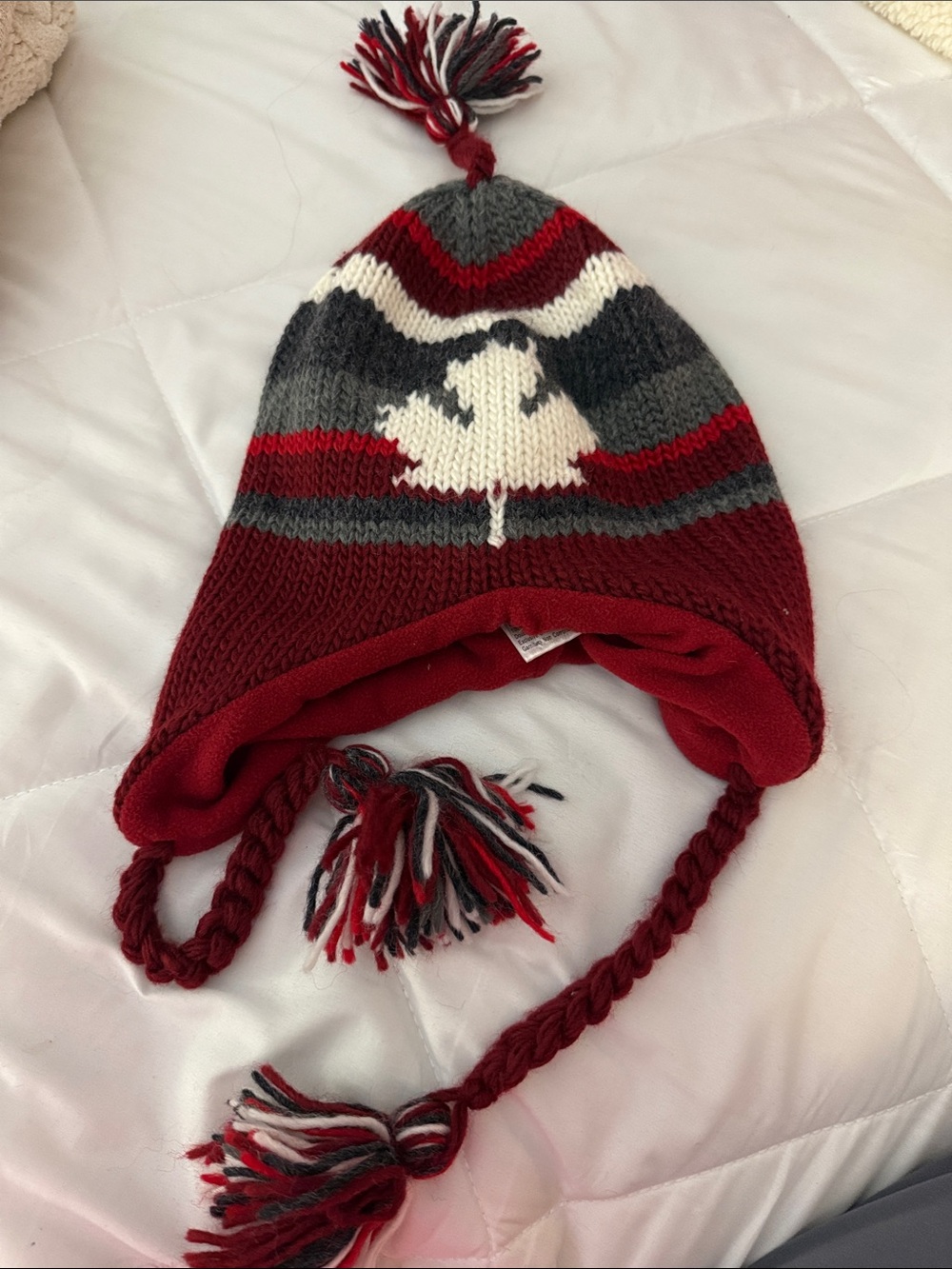 Kids Red, Gray & White Knit Pom-Pom Earflap Hat